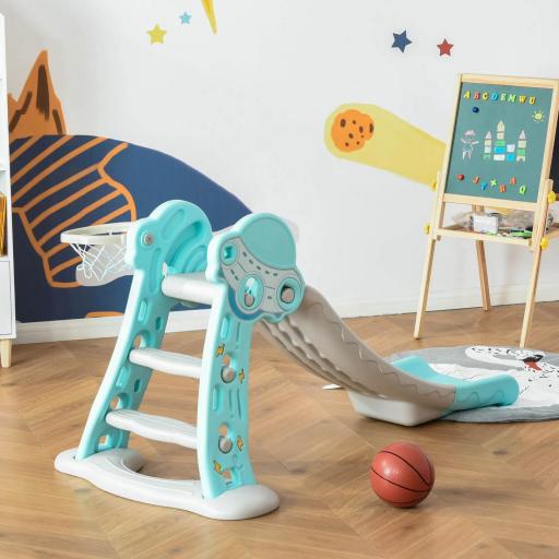 Tobogán para Niños +18 Meses Plegable 2 en 1 con Canasta de Baloncesto Modelo Jirafa Juguete Infantil para Interiores y Exteriores 140x87x75 cm Azul y Gris