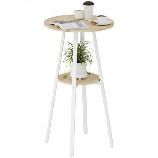Mesa Alta Cocina Redonda con Estante de Almacenamiento Moderna para 2 Personas 55x55x95 cm Madera Natural y Blanco [9]