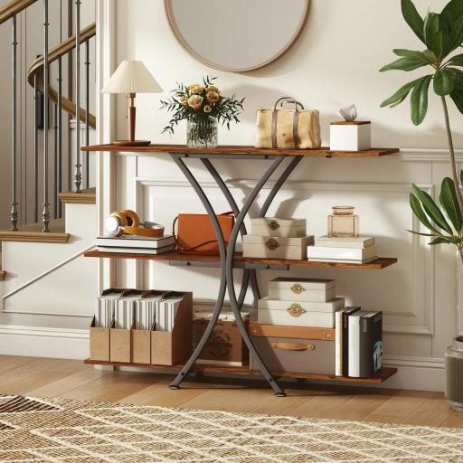 Mesa de Consola Mesa de Sofá con 2 Estantes Abiertos y Marco Metálico en X Estilo Industrial Marrón Rústico