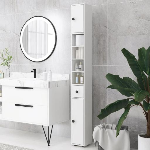 Mueble Auxiliar Baño Moderno con 1 Cajón 5 Estantes y 2 Armarios para Salón Dormitorio Carga 30 kg 20x20x180 cm Blanco