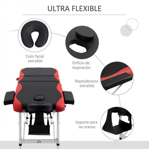 Camilla Masaje Plegable, Camilla Estética Profesional de Aluminio con Altura Ajustable, 3 Zonas, Reposacabezas, Reposabrazos, para Tatuaje, Fisioterapia, Negro y Rojo [2]