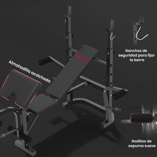 Banco de Musculación con Soporte para Barra Ajustable Extensión de Piernas Curl de Predicador y Mariposa para Gimnasio [3]