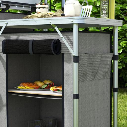 Mueble de Cocina para Camping Plegable con 3 Mesas 4 Ganchos Poste de Luz y Bolsa de Transporte 172x48x130 cm Gris [7]