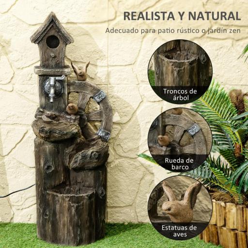 Fuente de Cascada 2 en 1 con Casita para Pájaros con Luces LED y Bomba Característica de Jardín con Troncos Multicolor [4]
