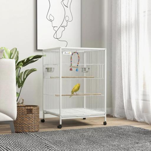 Jaula para Pájaros con Ruedas con Comederos Perchas Columpio y Bandeja Extraíble 48x46x78 cm Blanco