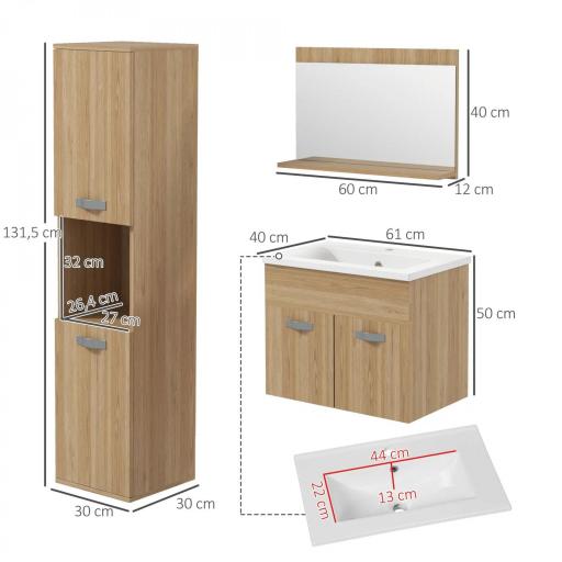 Conjunto de Muebles de Baño de Pared 3 Piezas Incluye Espejo Armario con Lavabo Cerámico y Columna de Baño Natural [1]