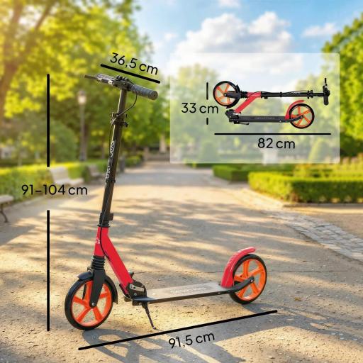 Patinete Plegable para Adultos y Niños de +14 Años Scooter con Manillar Ajustable 91,5x36,5x91-104 cm Rojo [4]
