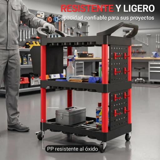 Carro de Herramientas de 3 Niveles con Paneles Perforados Asa Lateral Ganchos Cubeta Negro y Rojo [11]