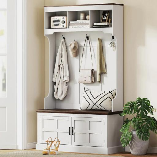 Perchero Zapatero con Banco Zapatero Ganchos Estantes y Compartimentos para Entrada Pasillo Salón 105x40x180 cm Blanco