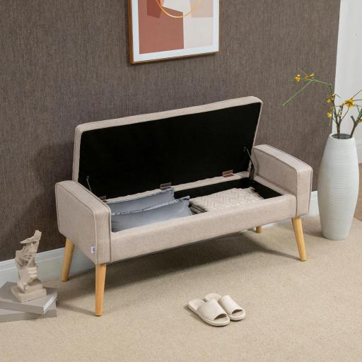 Baúl de Almacenaje Tapizado en Lino con Tapa Abatible y Patas de Madera para Dormitorio Salón 20x45x54 cm Beige [2]