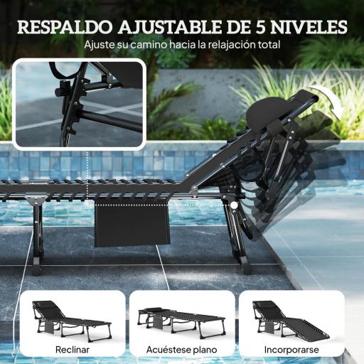 Set de 2 Tumbonas Plegables con Reposacabezas Bolsillo Lateral y Respaldo Reclinable en 5 Posiciones Negro [2]