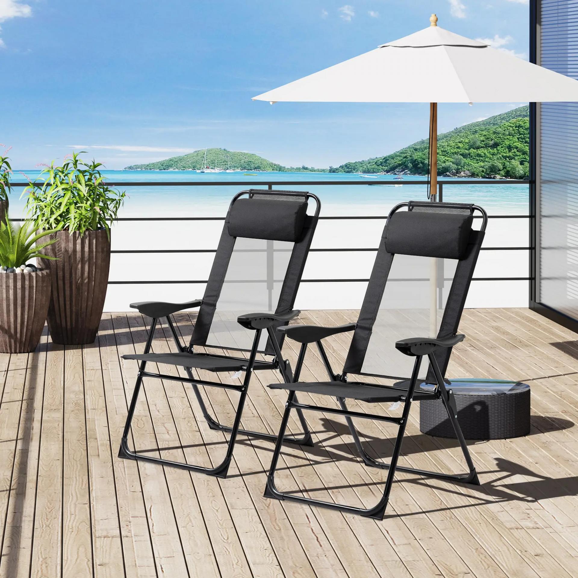 Conjunto de 2 Sillas de Camping Plegables con Reposacabezas Desmontable y Respaldo Reclinable 62x70x109 cm Negro