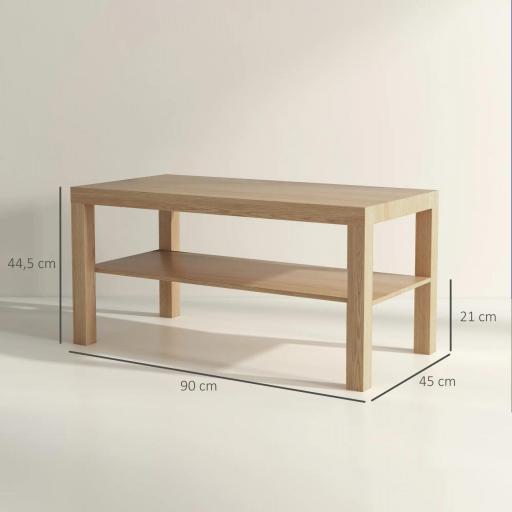 Mesa de Centro Moderna Mesa Baja con 2 Estantes de Almacenamiento Mesita para Salón Carga 20 kg 90x45x44,5 cm Natural [1]