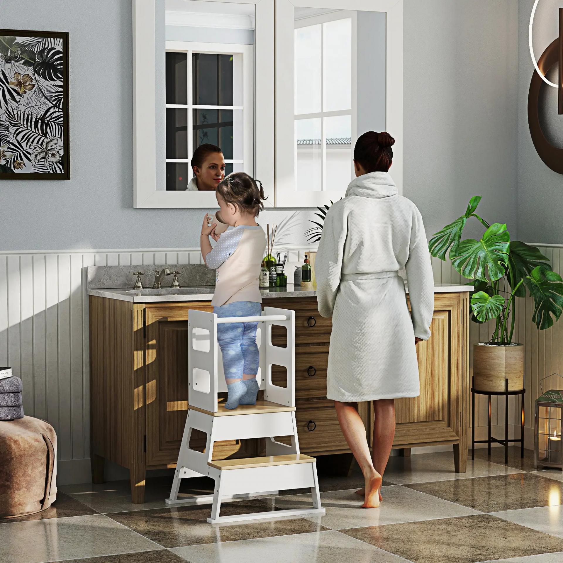 Torre de Aprendizaje para Niños de +3 Años con Pizarra y Barrera de Seguridad para Baño Cocina 55x52,5x87,5 cm Blanco