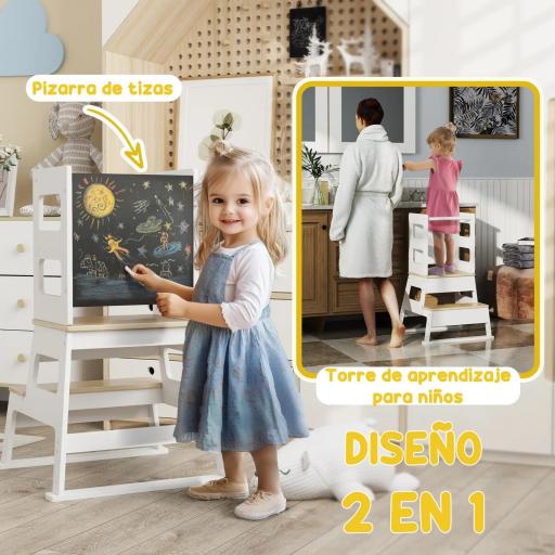 Torre de Aprendizaje para Niños de +3 Años con Pizarra y Barrera de Seguridad para Baño Cocina 55x52,5x87,5 cm Blanco [5]