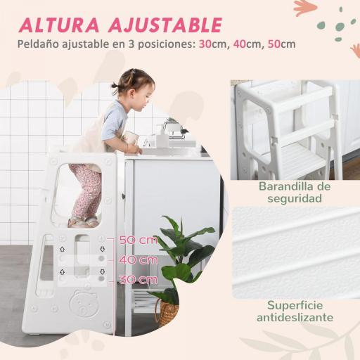 Torre de Aprendizaje para Niños Taburete Infantil con Altura Ajustable en 3 Posiciones y Plataforma Antideslizante para Cocina Comedor Baño 47x47x90 cm Blanco [5]
