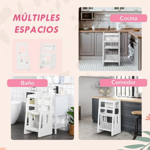 Torre de Aprendizaje para Niños Taburete Infantil con Altura Ajustable en 3 Posiciones y Plataforma Antideslizante para Cocina Comedor Baño 47x47x90 cm Blanco [2]