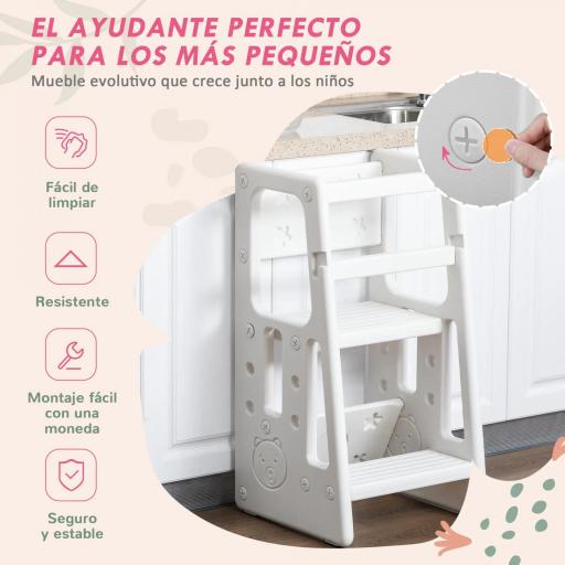 Torre de Aprendizaje para Niños Taburete Infantil con Altura Ajustable en 3 Posiciones y Plataforma Antideslizante para Cocina Comedor Baño 47x47x90 cm Blanco [3]