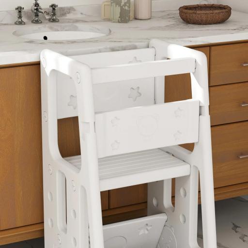 Torre de Aprendizaje para Niños Taburete Infantil con Altura Ajustable en 3 Posiciones y Plataforma Antideslizante para Cocina Comedor Baño 47x47x90 cm Blanco [4]