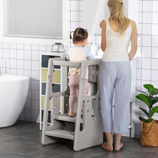 Torre de Aprendizaje para Niños Taburete Infantil con Altura Ajustable en 3 Posiciones para Cocina Baño 47x47x90 cm Gris