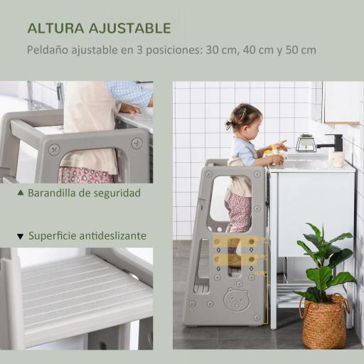 Torre de Aprendizaje para Niños Taburete Infantil con Altura Ajustable en 3 Posiciones para Cocina Baño 47x47x90 cm Gris [9]