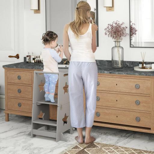 Escalera Montessori Convertible en Set de Mesa y Sillas con Barra de Seguridad, en Madera, 60x44.5x86 cm, Gris