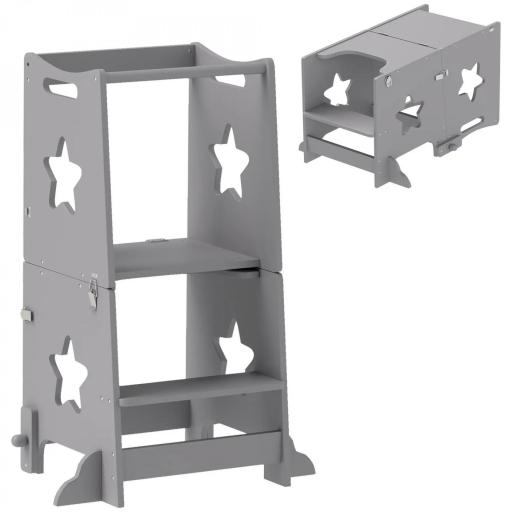 Escalera Montessori Convertible en Set de Mesa y Sillas con Barra de Seguridad, en Madera, 60x44.5x86 cm, Gris [5]