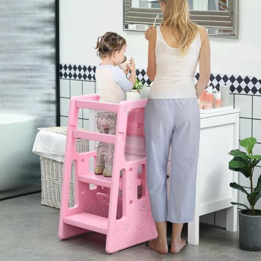 Torre de Aprendizaje para Niños Taburete Infantil con Altura Ajustable en 3 Posiciones para Cocina Baño 47x47x90 cm Rosa