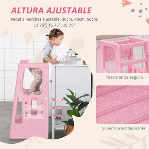 Torre de Aprendizaje para Niños Taburete Infantil con Altura Ajustable en 3 Posiciones para Cocina Baño 47x47x90 cm Rosa [2]