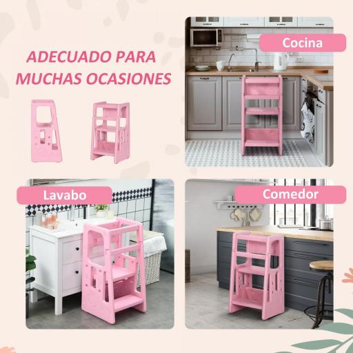 Torre de Aprendizaje para Niños Taburete Infantil con Altura Ajustable en 3 Posiciones para Cocina Baño 47x47x90 cm Rosa [5]