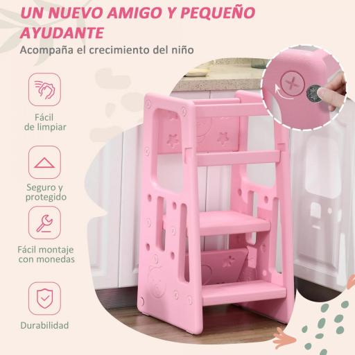 Torre de Aprendizaje para Niños Taburete Infantil con Altura Ajustable en 3 Posiciones para Cocina Baño 47x47x90 cm Rosa [4]