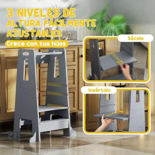 Torre de Aprendizaje para Niños con Pedal Altura Ajustable en 3 Niveles y Barrera de Seguridad 45x47,5x91 cm Gris [2]