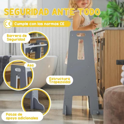 Torre de Aprendizaje para Niños con Pedal Altura Ajustable en 3 Niveles y Barrera de Seguridad 45x47,5x91 cm Gris [4]