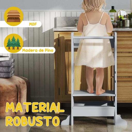 Torre de Aprendizaje para Niños con Pedal Altura Ajustable en 3 Niveles y Barrera de Seguridad 45x47,5x91 cm Gris [5]