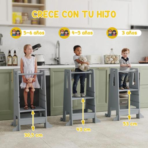 Torre de Aprendizaje para Niños con Pedal Altura Ajustable en 3 Niveles y Barrera de Seguridad 45x47,5x91 cm Gris [3]