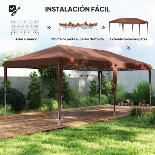 Carpa Plegable 6x3 m con Altura Ajustable en 3 Niveles Bolsa de Transporte Anti-UV y Marco de Acero Café [2]
