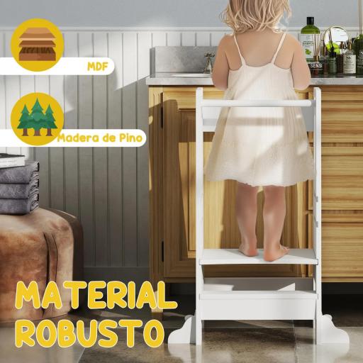 Torre de Aprendizaje para Niños con Pedal Altura Ajustable en 3 Niveles y Barrera de Seguridad 45x47,5x91 cm Blanco [3]