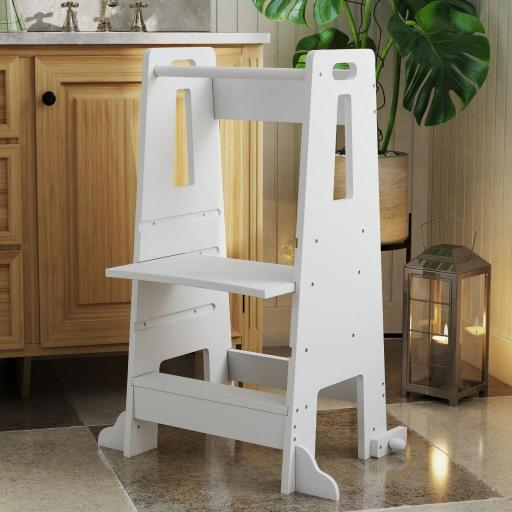 Torre de Aprendizaje para Niños con Pedal Altura Ajustable en 3 Niveles y Barrera de Seguridad 45x47,5x91 cm Blanco [1]
