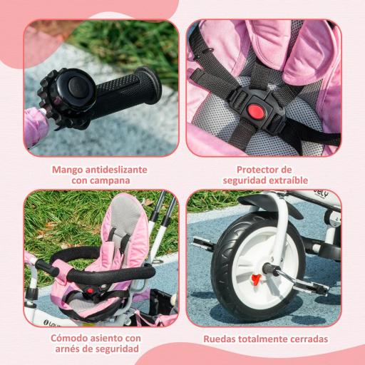 Triciclo Evolutivo para Niños +12 Meses con Toldo Plegable Mango de Empuje Telescópico y Cinturón de Seguridad Rosa [2]