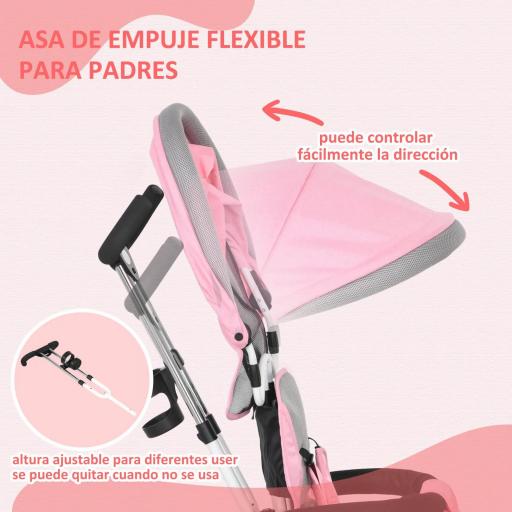 Triciclo Evolutivo para Niños +12 Meses con Toldo Plegable Mango de Empuje Telescópico y Cinturón de Seguridad Rosa [3]