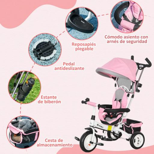 Triciclo Evolutivo para Niños +12 Meses con Toldo Plegable Mango de Empuje Telescópico y Cinturón de Seguridad Rosa [5]