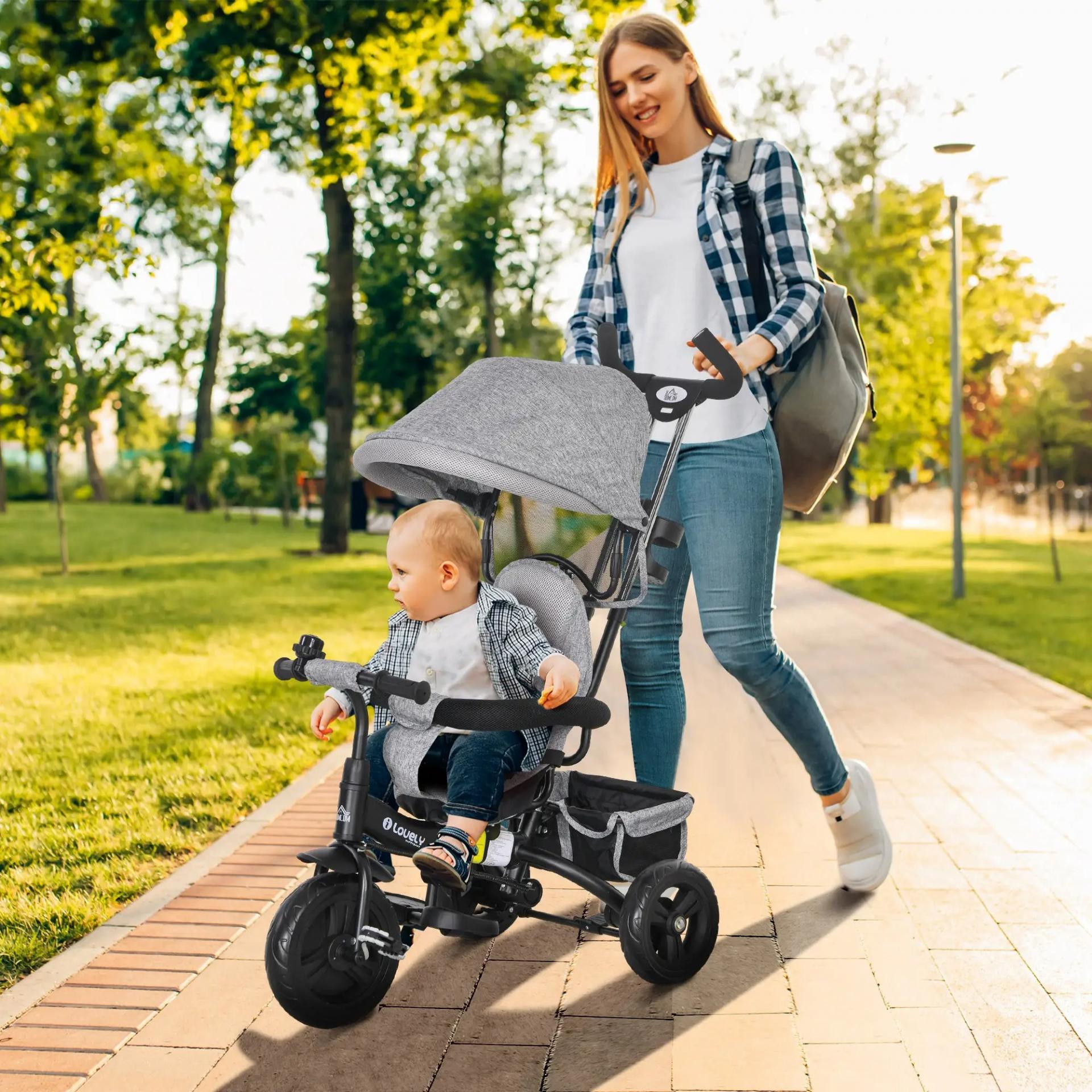 Triciclo Evolutivo para Niños +12 Meses con Toldo Plegable Mango de Empuje Telescópico y Cinturón de Seguridad Gris