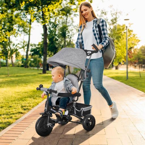 Triciclo Evolutivo para Niños +12 Meses con Toldo Plegable Mango de Empuje Telescópico y Cinturón de Seguridad Gris