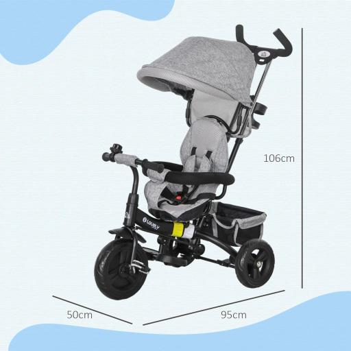 Triciclo Evolutivo para Niños +12 Meses con Toldo Plegable Mango de Empuje Telescópico y Cinturón de Seguridad Gris [1]