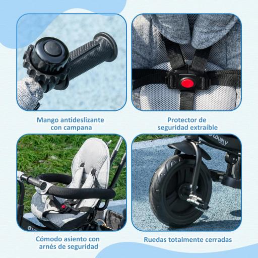 Triciclo Evolutivo para Niños +12 Meses con Toldo Plegable Mango de Empuje Telescópico y Cinturón de Seguridad Gris [3]