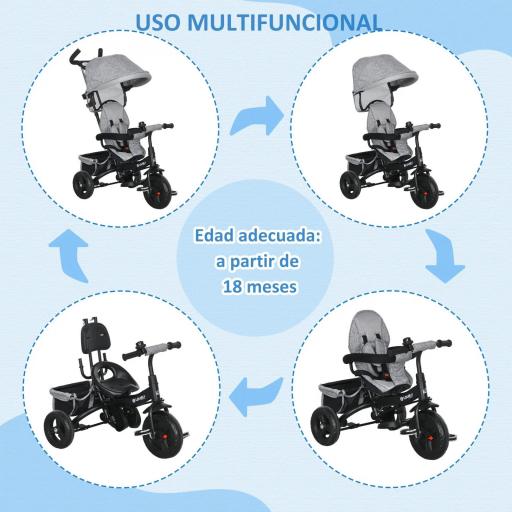 Triciclo Evolutivo para Niños +12 Meses con Toldo Plegable Mango de Empuje Telescópico y Cinturón de Seguridad Gris [4]