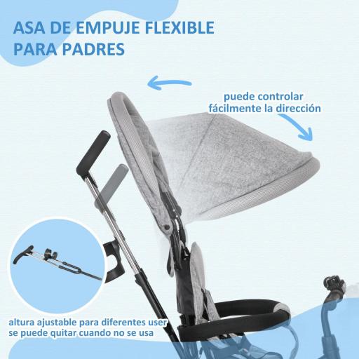 Triciclo Evolutivo para Niños +12 Meses con Toldo Plegable Mango de Empuje Telescópico y Cinturón de Seguridad Gris [6]