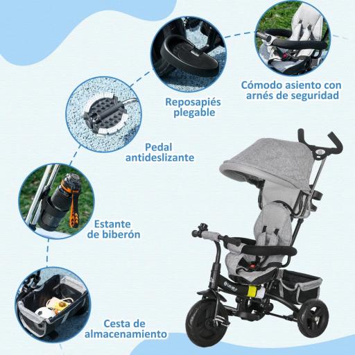 Triciclo Evolutivo para Niños +12 Meses con Toldo Plegable Mango de Empuje Telescópico y Cinturón de Seguridad Gris [5]