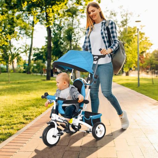 Triciclo Evolutivo para Niños +12 Meses con Toldo Plegable Mango de Empuje Telescópico y Cinturón de Seguridad Azul