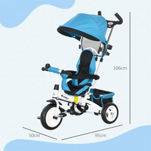 Triciclo Evolutivo para Niños +12 Meses con Toldo Plegable Mango de Empuje Telescópico y Cinturón de Seguridad Azul [1]